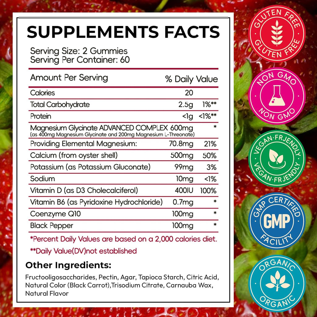 Magnesium Glycinate Gummies Sugar Free for Kids & Women, High Absorption Manganese Glycinate with L-Threonate, Calcium, B6, D3, Chews Gummies, Relaxation, Stress Relief, Night Rest