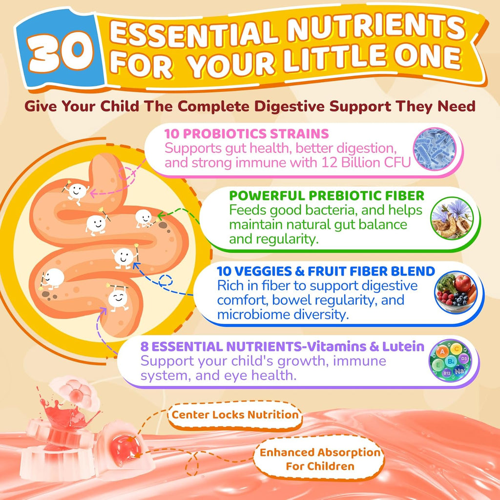 2Pack Probiotics for Kids Teen + Veggie & Fruit Fiber Gummies, with 12 Billion CFU Probiotic, Organic Inulin Prebiotics Fiber, Methyl B12 B6 C for Children's Digestive & Gut, Immune Health, Sugar Free