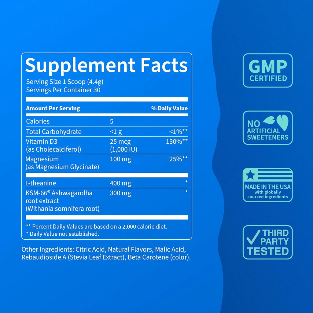 Nello Supercalm Powdered Drink Mix Tub, Cortisol Reducer* and Sleep Aid Supplement, L Theanine, Ksm-66 Ashwagandha, Magnesium Glycinate, Vitamin D 3, No Sugar, Non GMO, 30 Ct, Tropical Tangerine