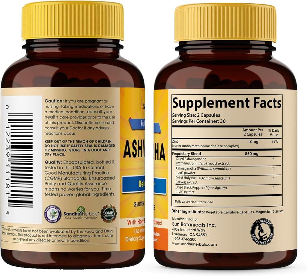 Sandhu Herbals Ashwagandha Supplement | 60 Organic 4 in 1 Capsules, 1 Month Supply | with Zinc, Black Pepper and Holy Basil Extract | Supports Immune Health | Non-GMO