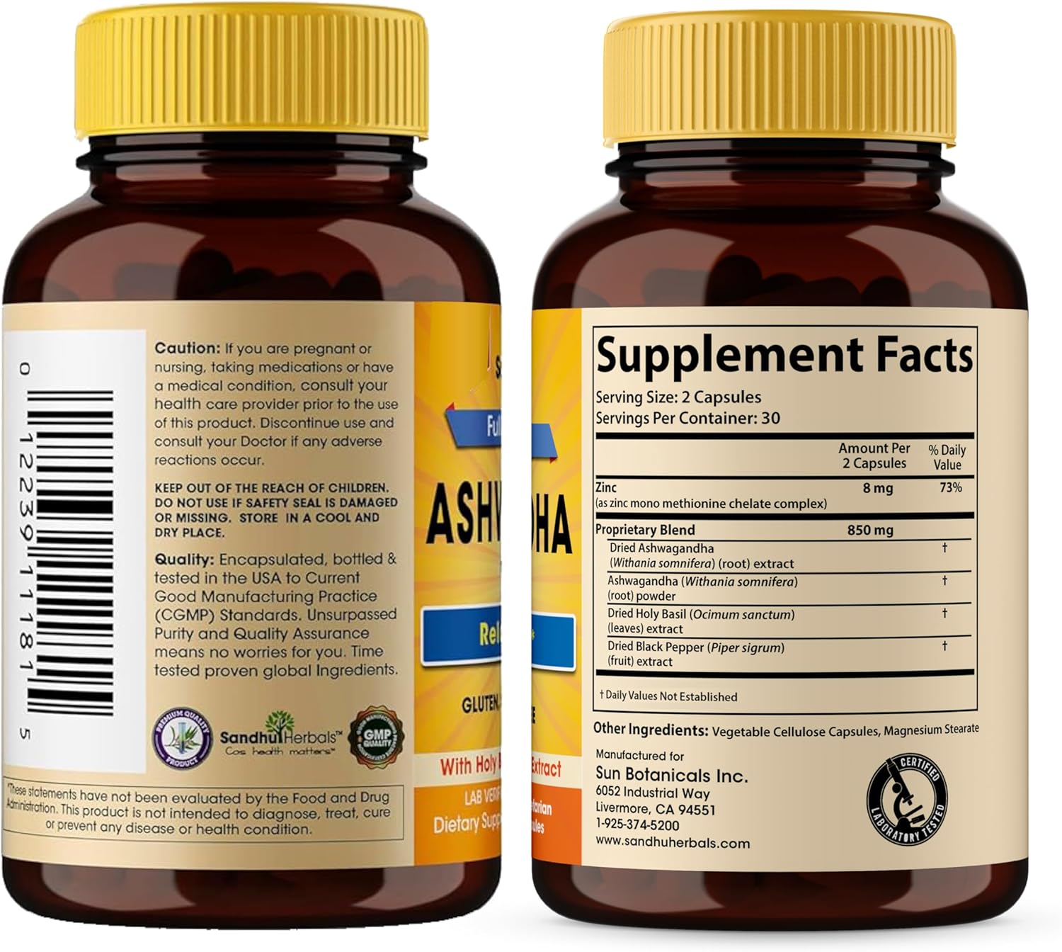 Sandhu Herbals Ashwagandha Supplement | 60 Organic 4 in 1 Capsules, 1 Month Supply | with Zinc, Black Pepper and Holy Basil Extract | Supports Immune Health | Non-GMO