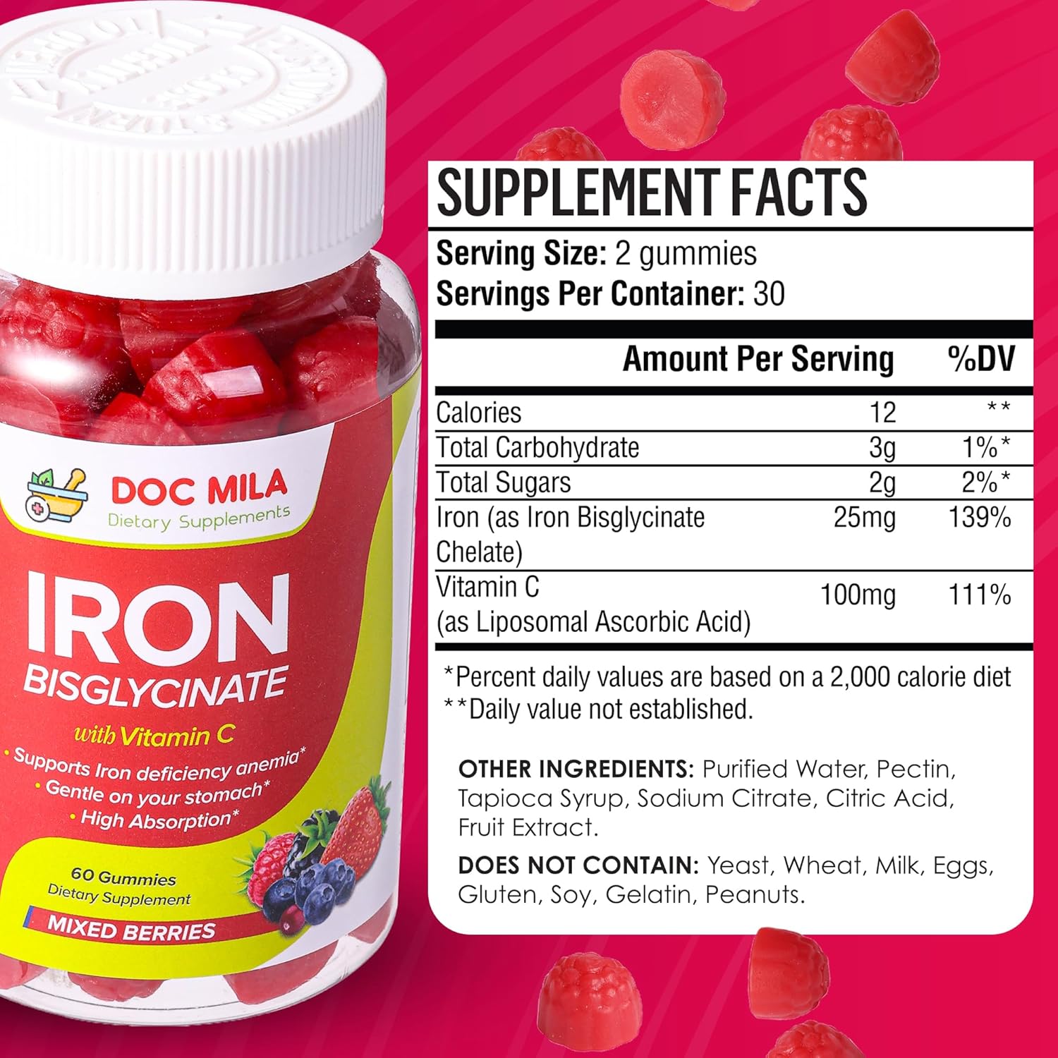 Iron Supplement for Kids and Adults - Iron Bisglycinate Gummies 25mg with Liposomal VIT C - Chelated Iron Supplement for Women and Men - 60 Gummies, 1 Month Supply