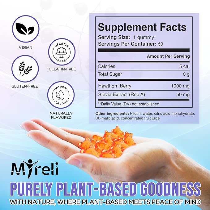 Hawthorn Berry Gummies 1000mg - Vegan-Friendly Supplement in Gummy, Gluten-Free Soy-Free Dairy-Free Non-GMO, Plant-Based & Clean Formula for Everyday Balance, Arterial Function Support, 60 Chewables