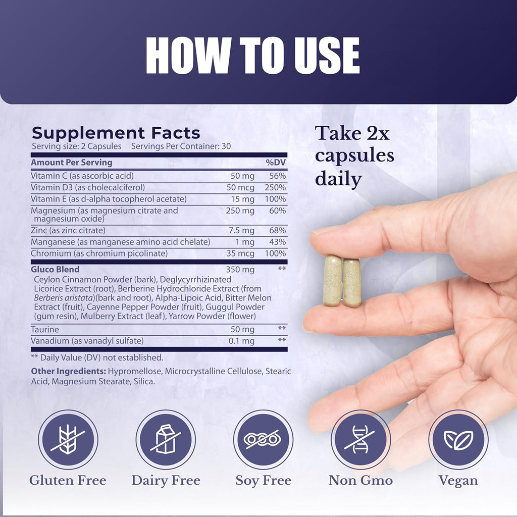 Gluco24 Supplement - Supplement with Cinnamon, Berberine, Vitamin C and More - Supplement for Men & Women, 60 Capsules
