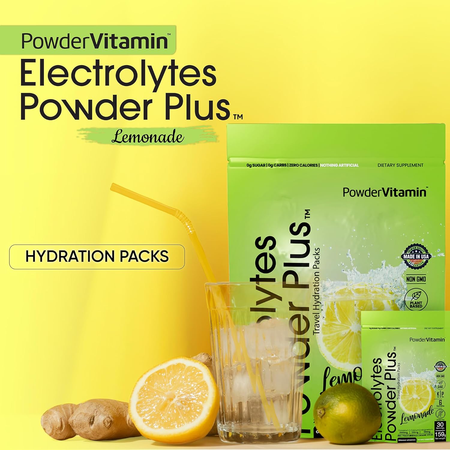 PowderVitamin Electrolytes Powder Plus, Keto, Lemonade, Zero Sugar, 1000mg Potassium, 120mg Calcium, 120mg Magnesium, Non-GMO, Zero Calories, 30 Hydration Packets