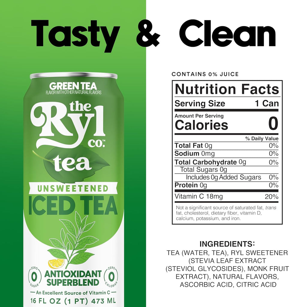 Ryl Unsweetened Green Iced Tea – Antioxidant Superblend, No Artificial Ingredients, Zero Sugar, Zero Calorie, Low Carb, Non-GMO, Kosher, Gluten Free, Made in the USA, 12-Pack, 16 Fl Oz