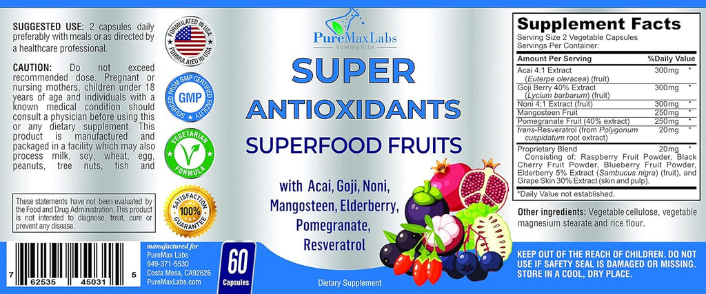Super Antioxidant Fruit Superfood Complex - Powerful Antioxidant Superfruits, Acai, Goji, Noni, Mangosteen, Pomegranate, Elderberry, Resveratrol, Immune Support, Skin Care - 60 Capsules (Pack of 2)