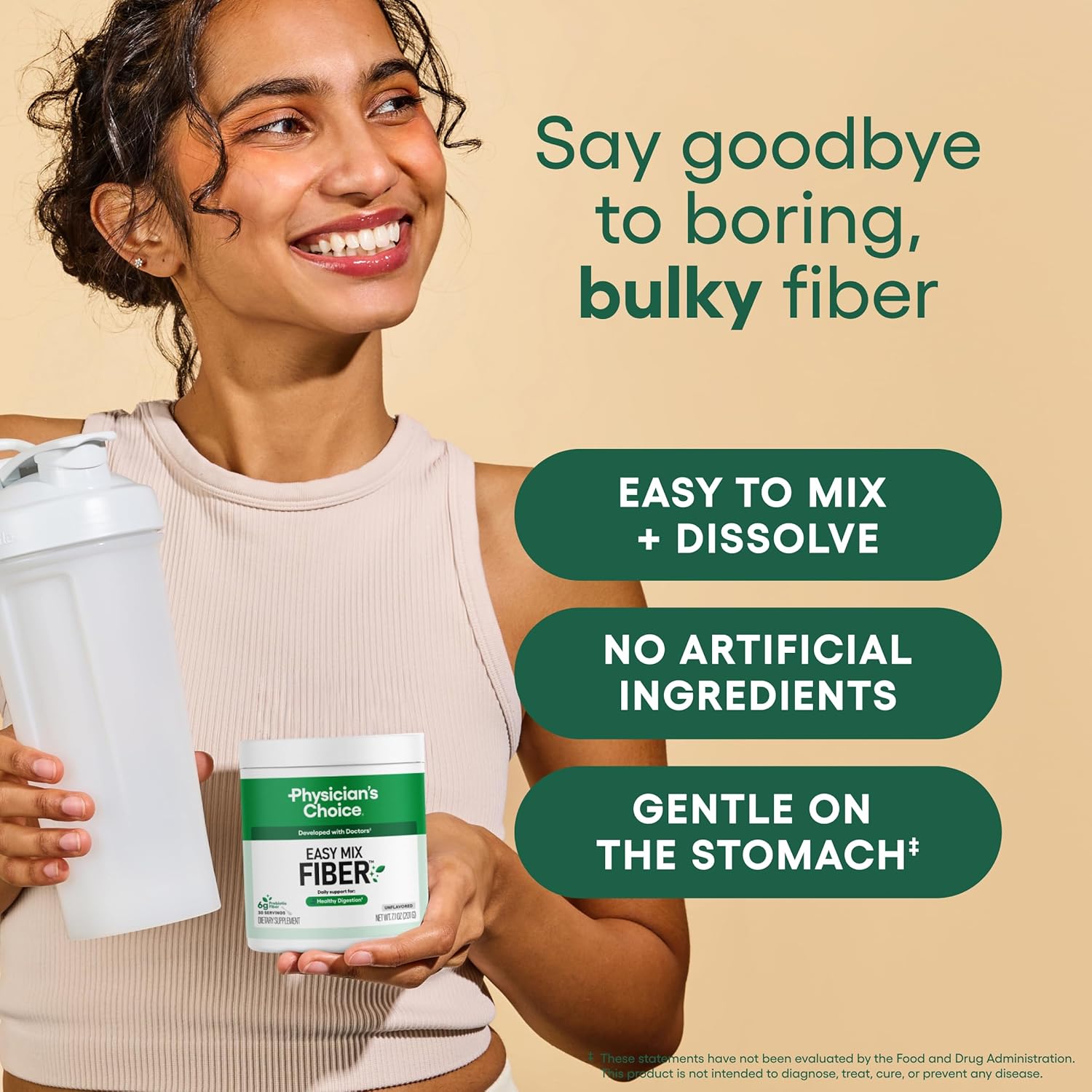 Physician's CHOICE Easy Mix Fiber for Digestive Health & Regularity - No Grit, Sugar Free, & Tasteless - Daily Prebiotic Soluble Fiber Powder Supplement for Women and Men - Unflavored - 7.1oz