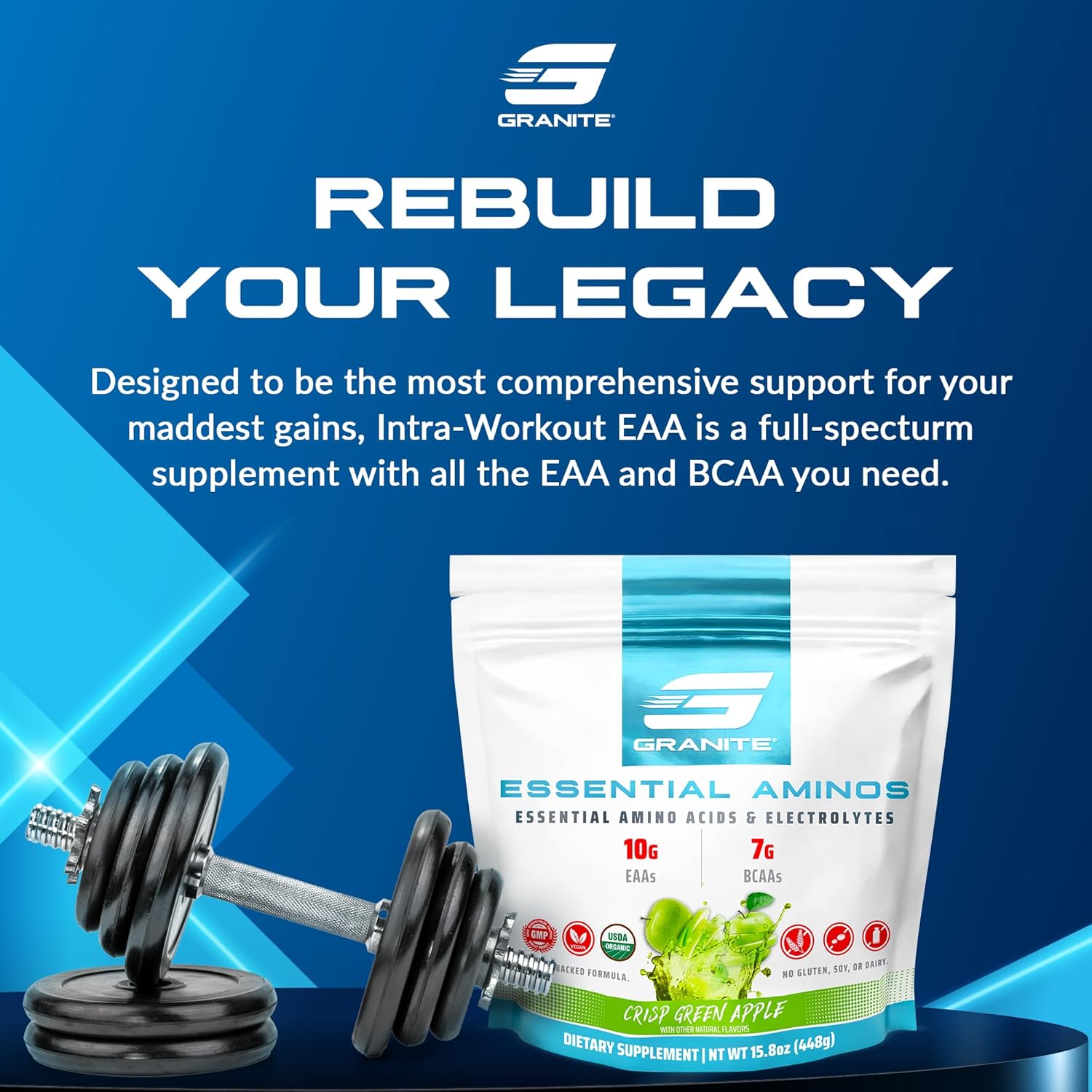 Granite Essential Amino Acids Powder, Green Apple Flavor, with 10g EAAs and 7g BCAAs, Supports Muscle Recovery & Growth, Soy-Free, Gluten-Free (30 Servings)