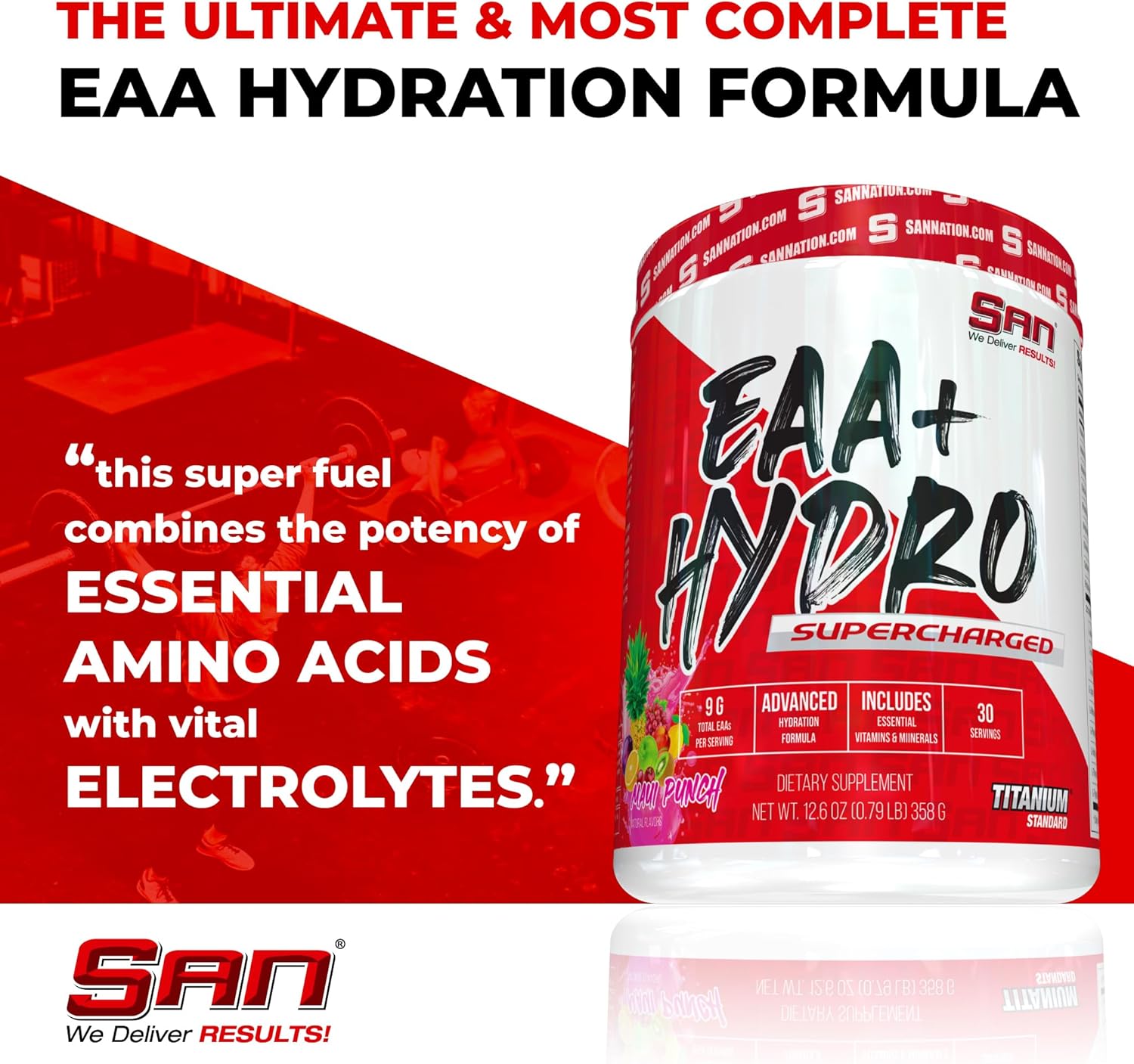 SAN EAA Hydration | EAAs + BCAA| Muscle Recovery & Intra | 9G Essential Amino Acids + Electrolytes | Mango Mania 30 Serving