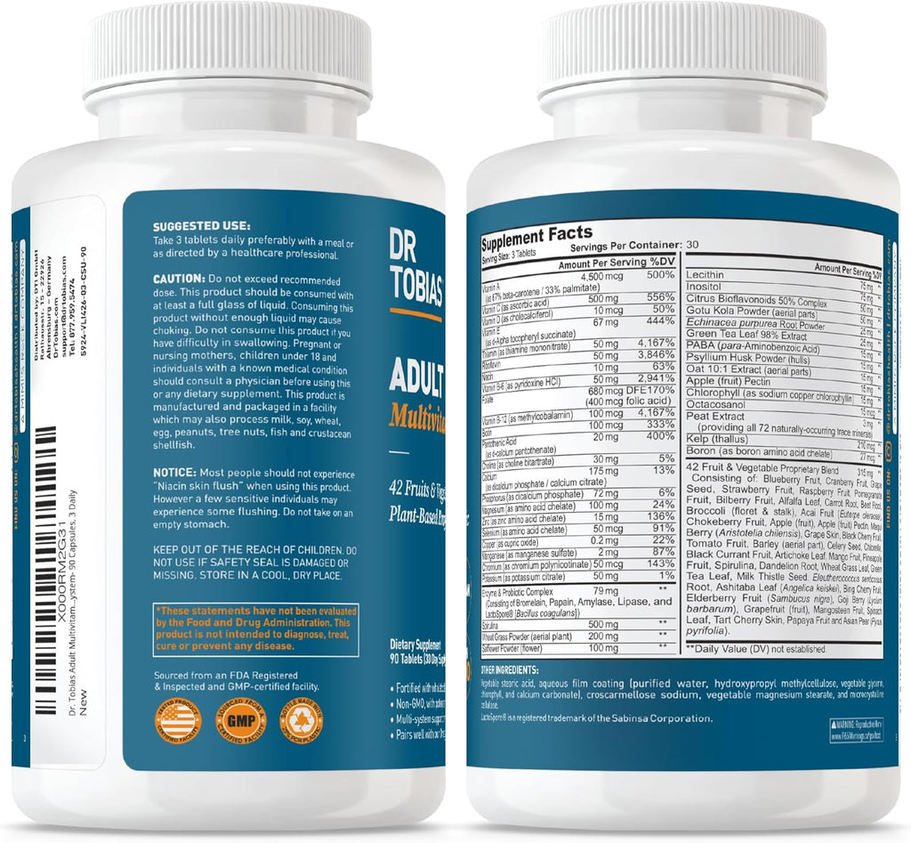 Dr. Tobias Adult Multivitamin for Women & Men, Immune Supporting Vitamins from 42 Fruits, Vegetables, Plus Probiotics, Vegan Multivitamins for Men & Women, Non-GMO, 90 Tablets, 30 Servings