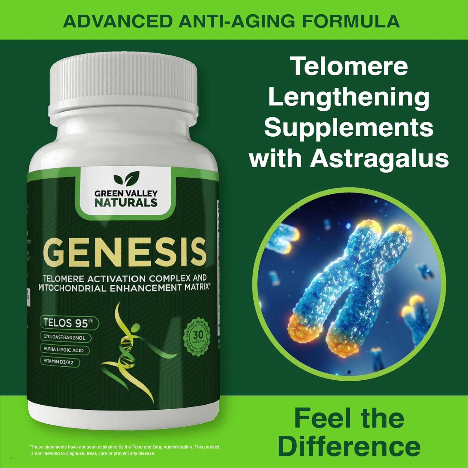 Genesis Telomere Length Supplement – Anti-Aging Formula, Telomere Lengthening Supplements with Astragalus & Vitamins, Supports NAD Pathways, DNA Integrity and Cellular Health