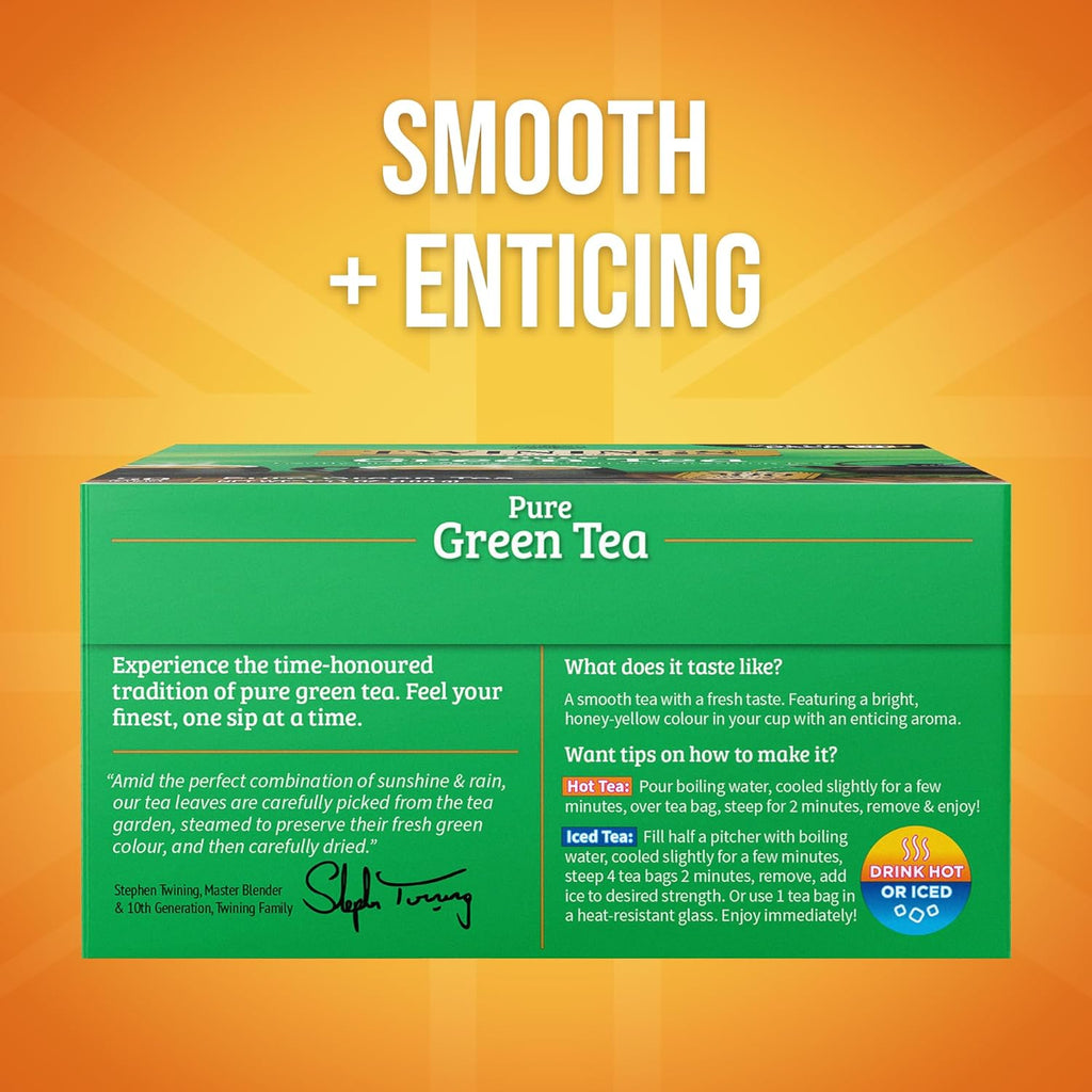 Twinings Pure Green Tea Individually Wrapped Bags, 50 Count (Pack of 6), Smooth Flavour, Enticing Aroma, Caffeinated, Enjoy Hot or Iced, 300 Teabags