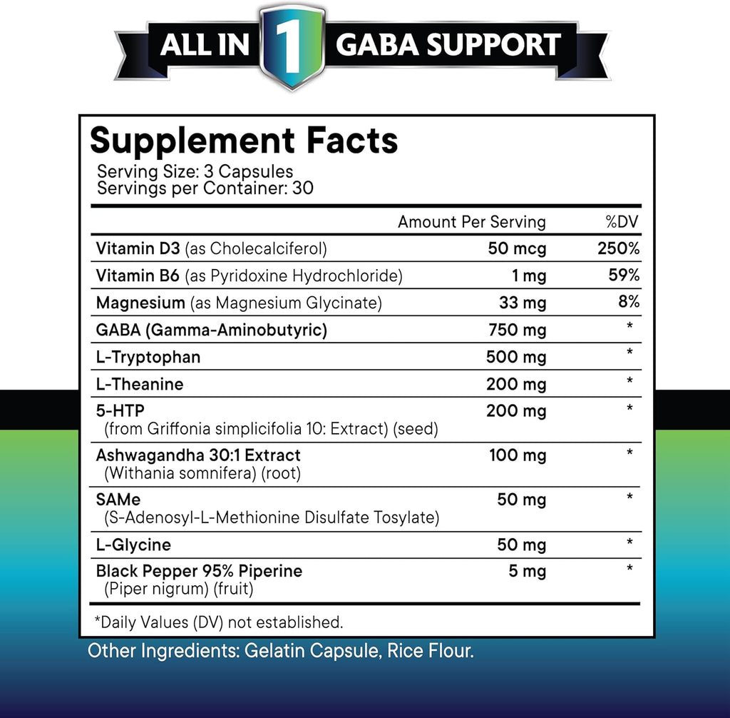 NEW AGE GABA 750mg 5 HTP 200mg L Tryptophan 500mg L Theanine 200mg Ashwagandha SAM-e L-Glycine - Vitamins for Women and Men with L-Tyrosine 5-HTP (5-Hydroxytryptophan) - 180 Count