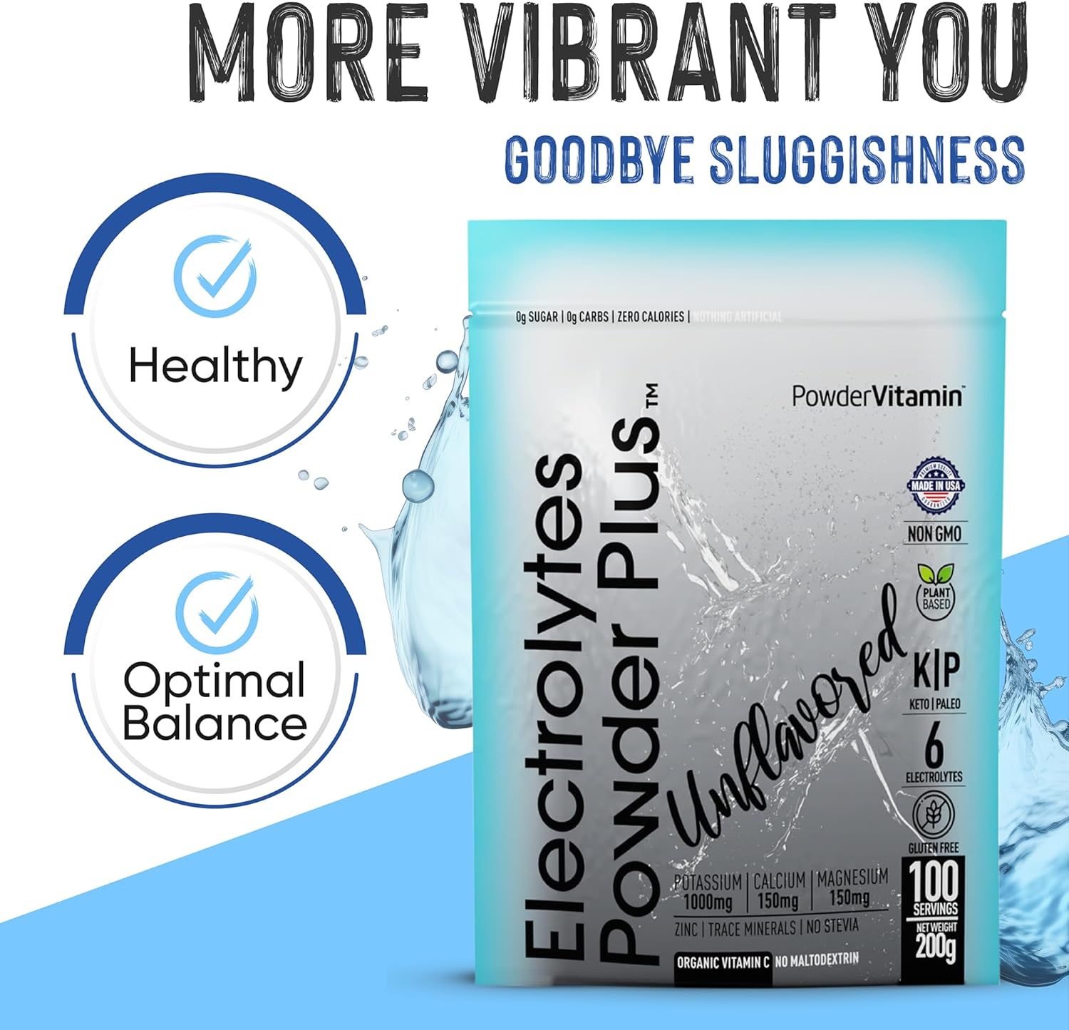 PowerVitamin Unflavored Electrolytes Powder No Sugar for Daily Energy - Keto Electrolytes - Hydration Powder with 1000mg Potassium, 120mg Calcium, Magnesium, No Stevia, 100 Servings