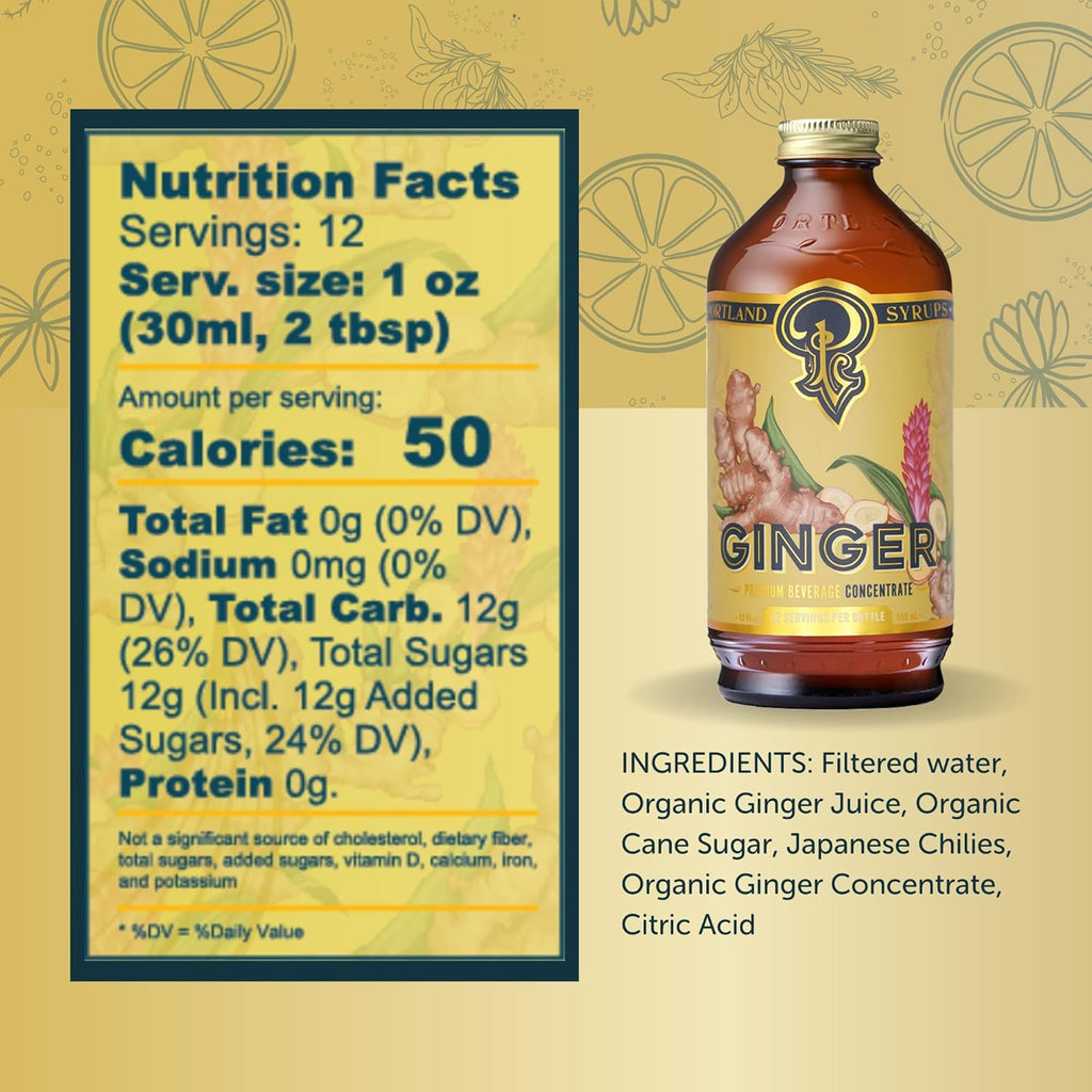 Portland Syrups Authentic Ginger Syrup - Premium Beverage Concentrate for Cocktails, Mocktails, Sodas, and More - Organic Ginger and Cane Sugar - 12oz bottle, 12-24 servings (Pack of 1)