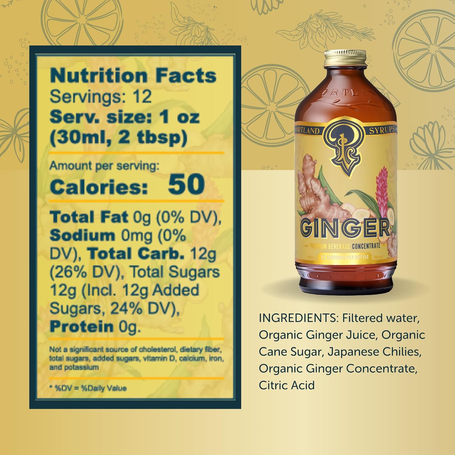 Portland Syrups Authentic Ginger Syrup - Premium Beverage Concentrate for Cocktails, Mocktails, Sodas, and More - Organic Ginger and Cane Sugar - 12oz bottle, 12-24 servings (Pack of 1)
