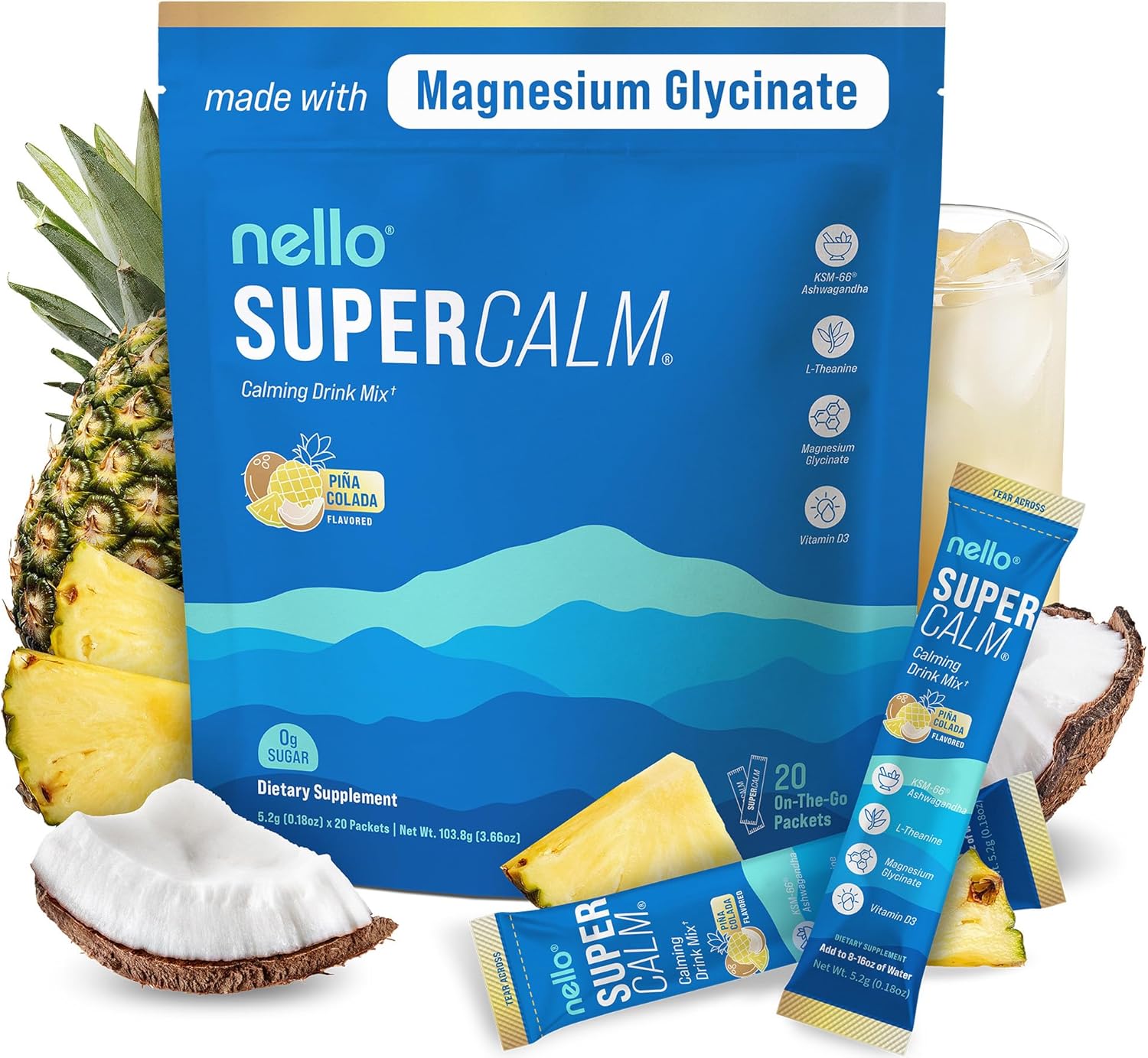 Supercalm Drink Mix - Ashwagandha KSM 66, Magnesium Glycinate & L-Theanine Supplement - Ashwagandha Root Extract - Focus and Relaxation Support (20 Travel Packets) - Pina Colada