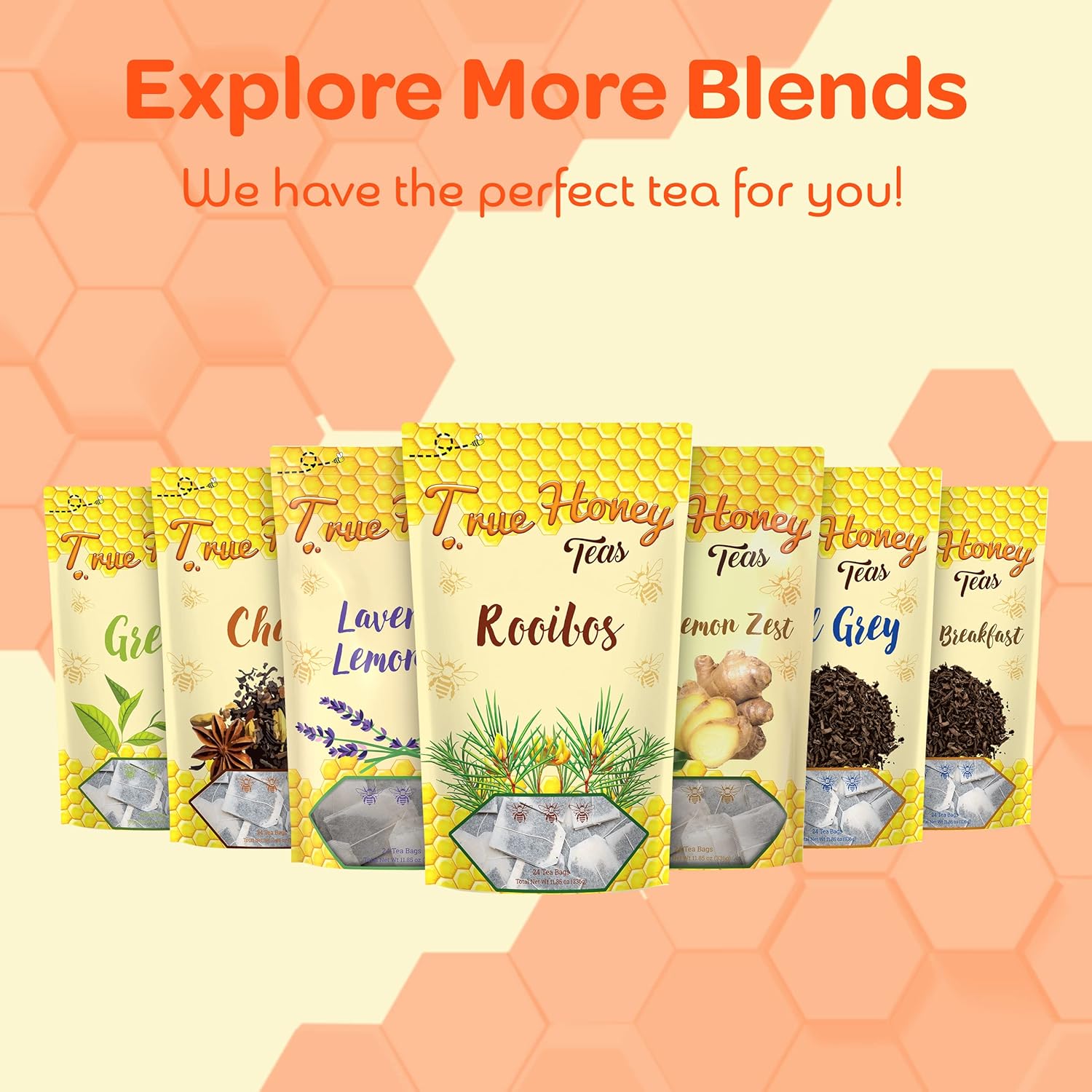 True Honey Rooibos Tea Bags - Honey Crystals Blended in Every Sachet - Decaf Red Rooibos Tea - All Natural Organic Herbal Caffeine Free Tea Bag 24 Count
