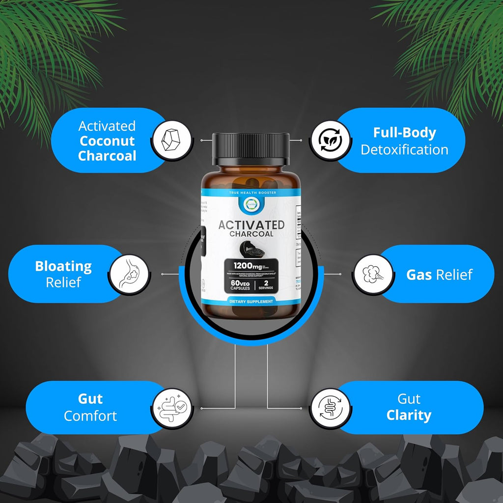 Activated Charcoal Capsules 1200 MG, 60 Veg Caps, 30-Days Premium Detox & Digestive Support, Gas & Bloating Relief, Organic Coconut Shell Charcoal, Gut Health, USA Made.