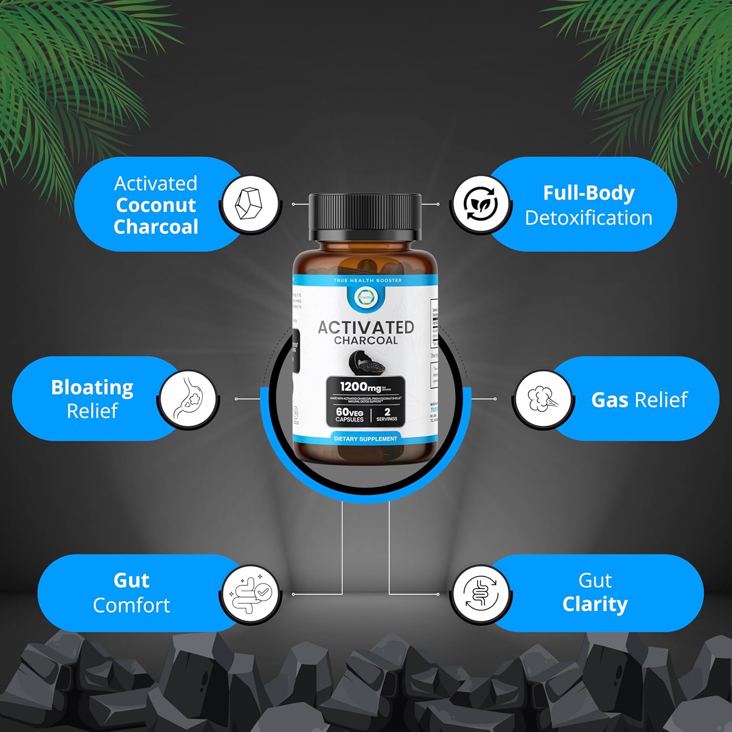 Activated Charcoal Capsules 1200 MG, 60 Veg Caps, 30-Days Premium Detox & Digestive Support, Gas & Bloating Relief, Organic Coconut Shell Charcoal, Gut Health, USA Made.