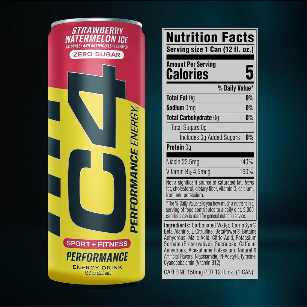 Cellucor C4 Energy Drink 12oz (Pack of 12) - Strawberry Watermelon Ice - Sugar Free Pre Workout Performance Drink with No Artificial Colors or Dyes