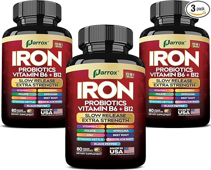 Iron Supplement, Slow Release Iron, Probiotics, Spirulina, Turmeric, Vitamin B6, Methylated B12, Vitamin C, Zinc, Beetroot, Nettle Leaf, Dandelion Root, Black Pepper, Extra Strength, 60 Capsules 3Pack