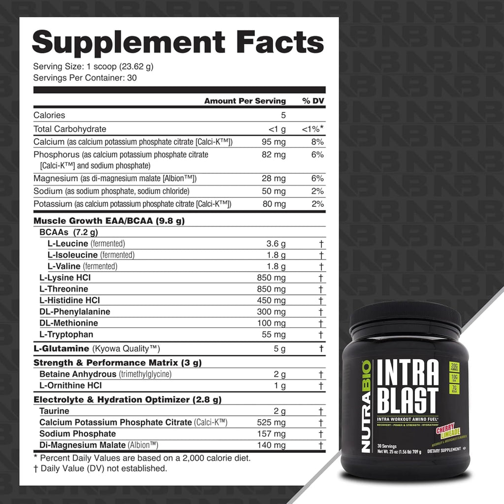 NutraBio Intra Blast Bcaa Powder Amino Acid Supplement, Electrolyte & Hydration Blend, Intra, Pre Workout & Muscle Recovery, 20g Eaa Amino Acids Powder, 5g Glutamine- Cherry Limeade, 30 Serving