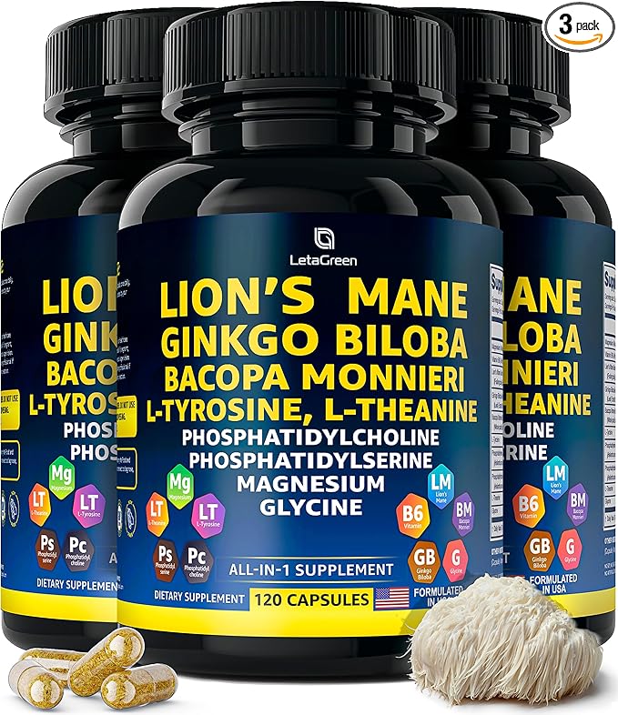 Organic Lions Mane Supplement Capsules - 360 Real Mushrooms Lion's Mane Capsules with Ginkgo Biloba Herb, Bacopa Monnieri, L Theanine, L Tyrosine - Mushroom Complex for Daily Wellness