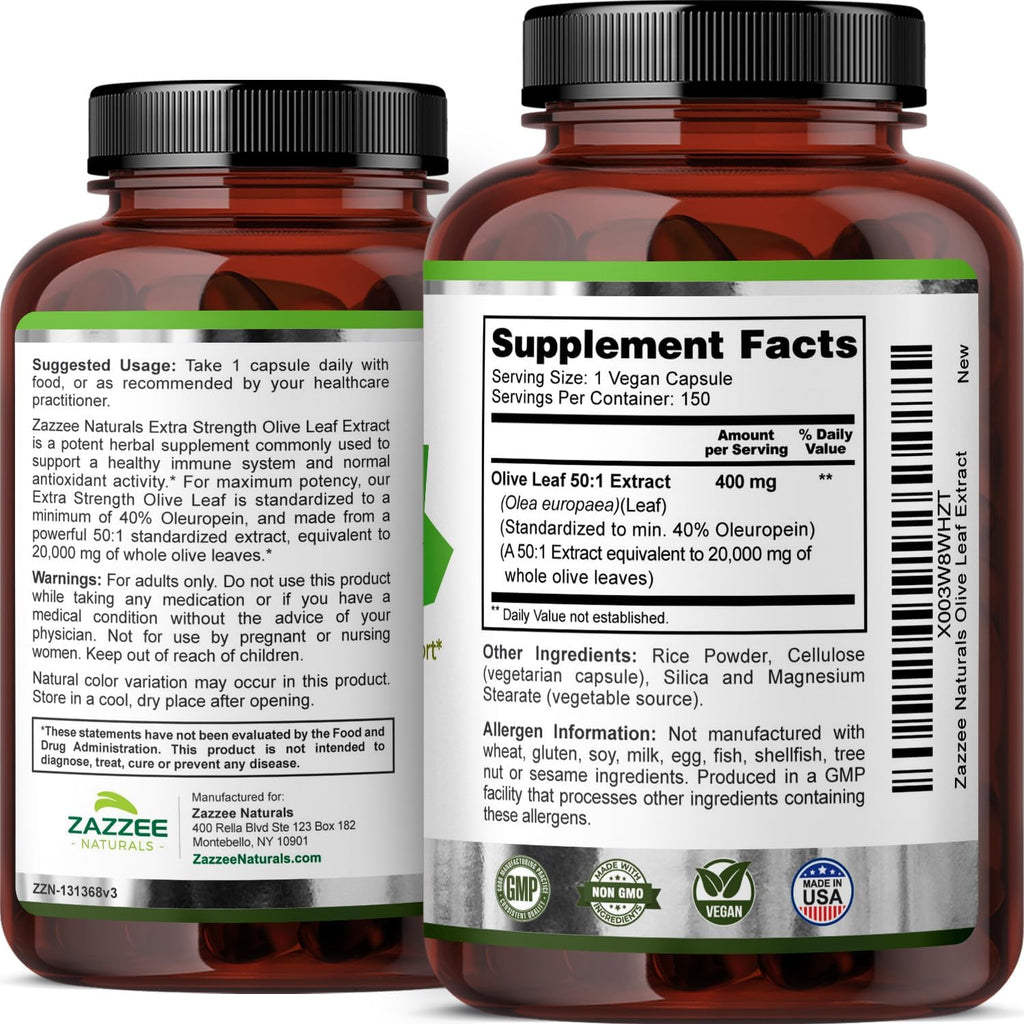Zazzee Extra Strength Olive Leaf 50:1 Extract, 20,000 mg Strength, 40% Oleuropein, 150 Vegan Capsules, 5 Month Supply, Concentrated and Standardized 50X Extract, 100% Vegetarian, Non-GMO, All-Natural