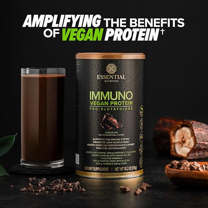 Essential Nutrition - Immuno Vegan - Plant-Based Protein Powder, 16g Protein Per Serving, Added Amino Acids & Multivitamin - Beta Glucan, Glutathione Production - Chocolate - 18.2oz
