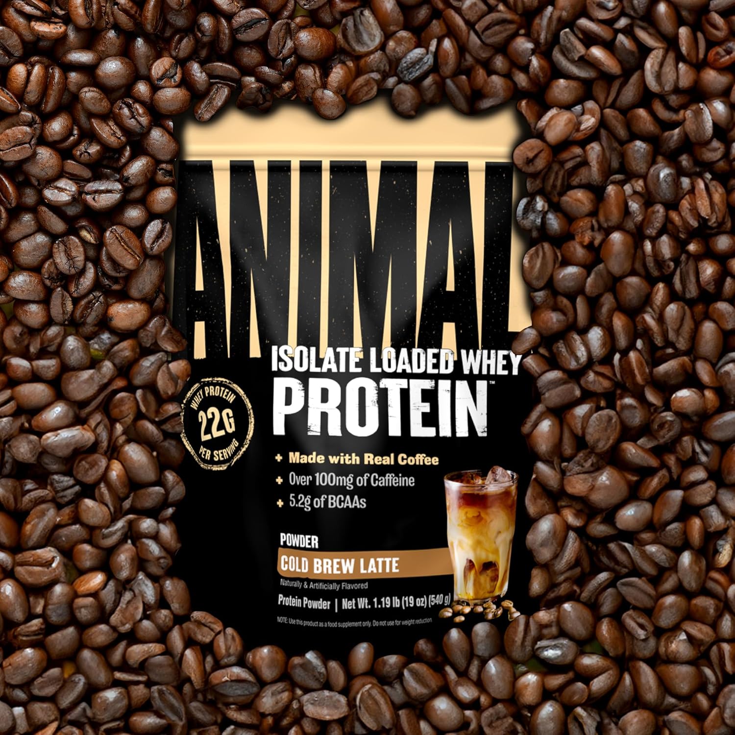Animal Whey Protein Coffee Powder, Loaded with 22g of Protein, 100mg of Caffeine, and BCAAs for Pre & Post Workout Muscle Builder Recovery with Digestive Enzymes for Men & Women, Cold Brew Latte, 1 lb