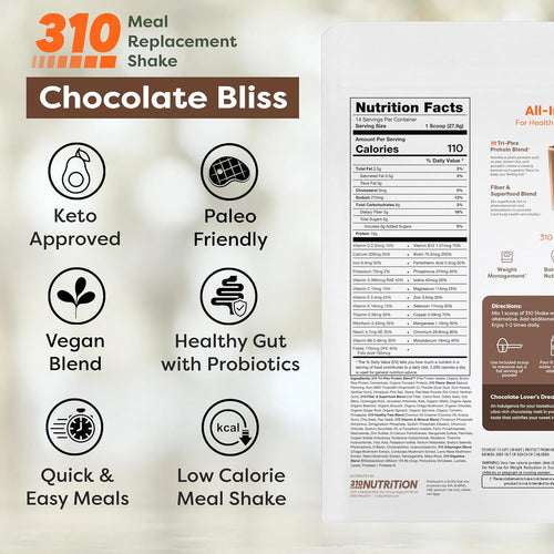 310 Nutrition All-In-One Meal Replacement Shake Powder - Plant-Based Protein Smoothie Blend w/High Fiber, Probiotics & Adaptogens - Low Carb, Vegan, Keto & Paleo Friendly - Chocolate Bliss - 14 Srv