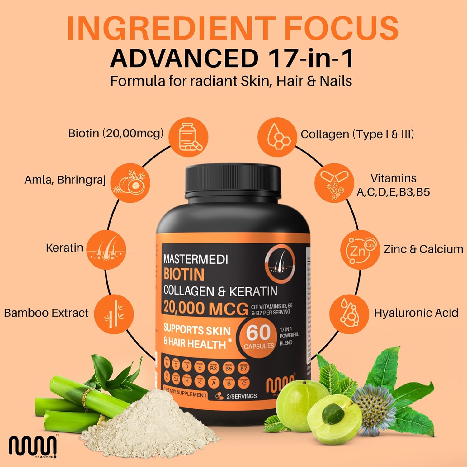 mastermedi Biotin 20,000mcg with Collagen, Keratin & Hyaluronic Acid – Hair, Skin & Nail Support – 60 Capsules, 2-Month Supply – Zinc, Vitamins A–E, Bamboo & Amla Extract – Non-GMO, Gluten-Free