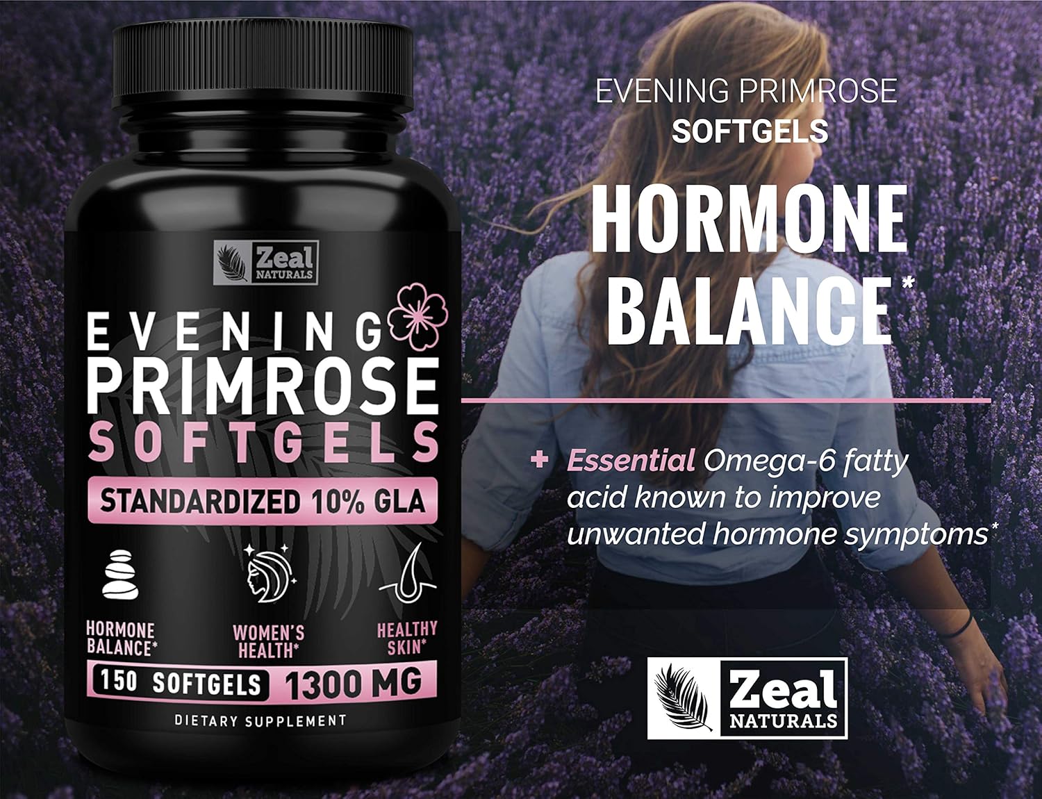 Evening Primrose Oil Capsules (150 Liquid Softgels | 1300mg) Premium Evening Primrose Oil – Natural-Sourced Hormone Support Supplement for Women - Cold Pressed w. 10% GLA