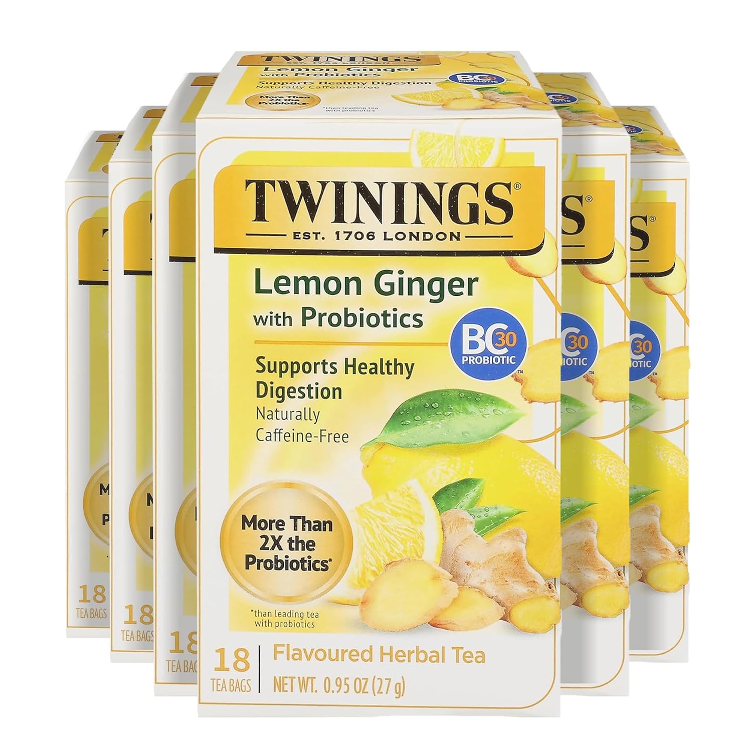 Twinings Superblends Probiotics+ Lemon & Ginger Flavoured Herbal Tea with Turmeric, Naturally Caffeine-Free, 18 Tea Bags (Pack of 6), Enjoy Hot or Iced, 108 Teabags