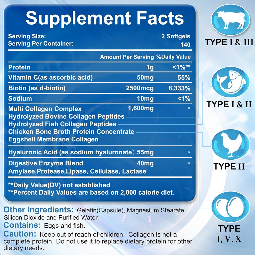 Multi Collagen Peptides for Women & Men, Hydrolyzed Collagen Peptides-Type I, II, III, V, X - with Hyaluronic Acid,Vitamin C,Biotin,Supports Skin Hair Nail, Non-GMO,840 Softgels