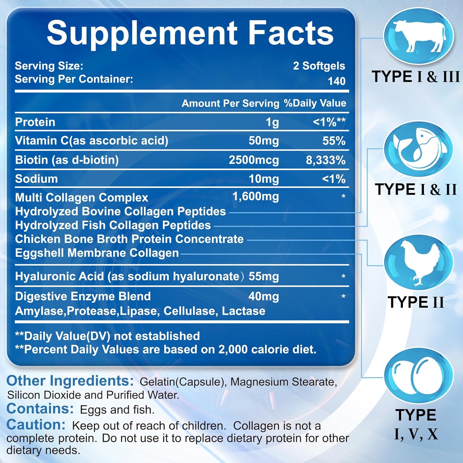 Multi Collagen Peptides for Women & Men, Hydrolyzed Collagen Peptides-Type I, II, III, V, X - with Hyaluronic Acid,Vitamin C,Biotin,Supports Skin Hair Nail, Non-GMO, 280 Softgels