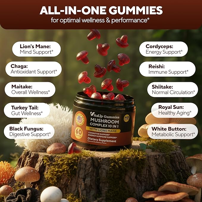 Mushroom Gummies for Adults - USA Made 10 in 1 Mushroom Supplement - Mushroom Complex with Lions Mane, Cordyceps, Turkey Tail, Reishi, Shiitake for Cognitive & Immune Support - 60 Count