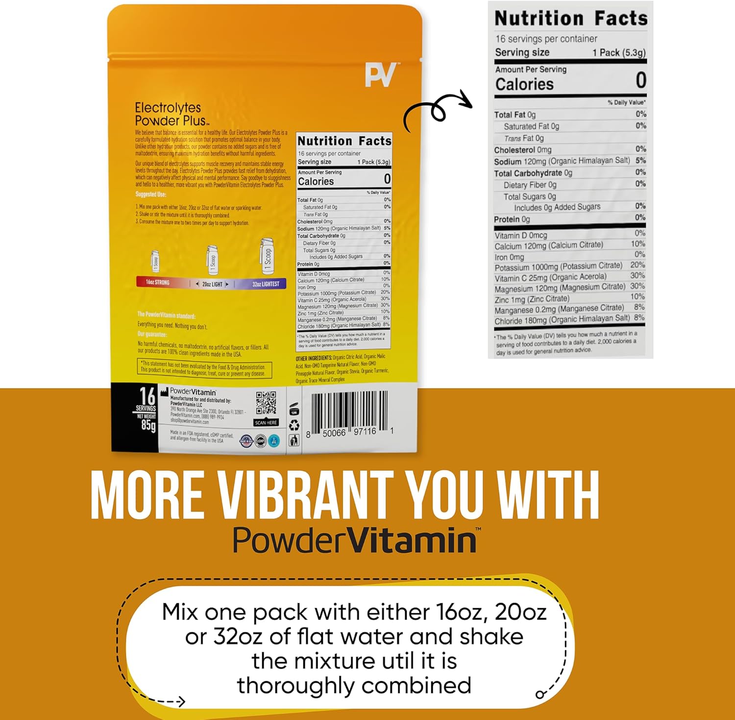 PowderVitamin Electrolytes Powder Plus, Keto, Tangerine Pineapple, Sugar Free, Pink Himalayan Salt, 1000mg Potassium, 120mg Calcium, 120mg Magnesium, Non-GMO, Zero Calories, (16 Hydration Packets)