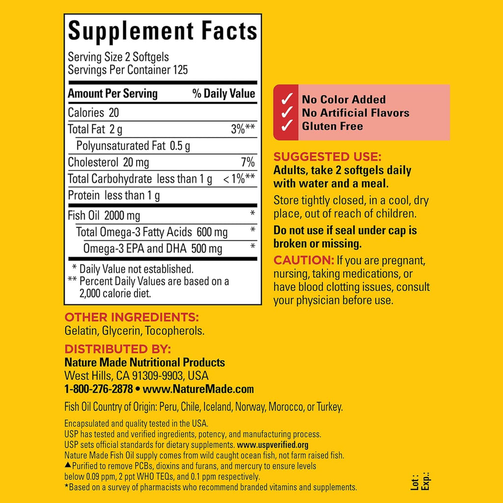 Nature Made Fish Oil Omega 3 Supplements, 1000mg Softgels, Omega 3 Fish Oil for Healthy Heart Support, 250 Softgels, 125 Day Supply
