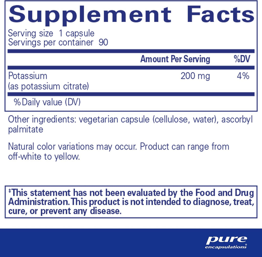 Pure Encapsulations Potassium (Citrate) - Essential Electrolyte Supplement to Support Nerve & Muscle Function, Adrenals, Hormones, Heart Health & Energy* - Potassium Citrate Capsule - 90 Capsules