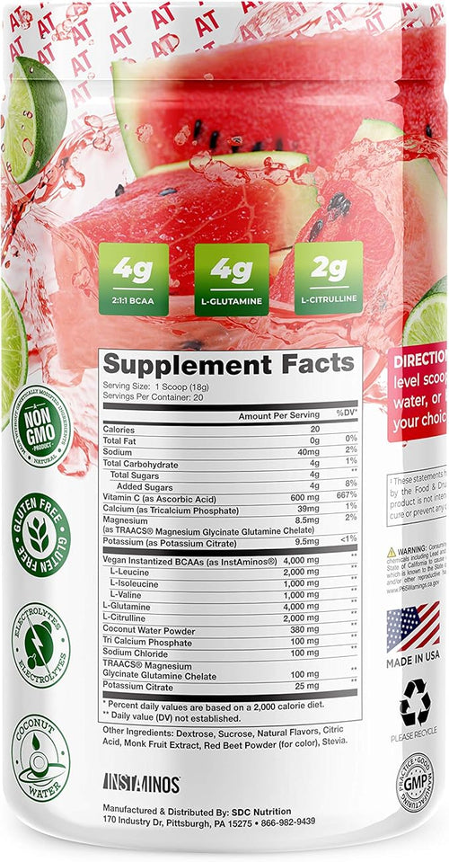About Time BCAA Hydration Powder Watermelon Lime, with L-Glutamine & Electrolytes, Non-GMO, Gluten Free, Monk Fruit, Coconut Water, 20 Servings