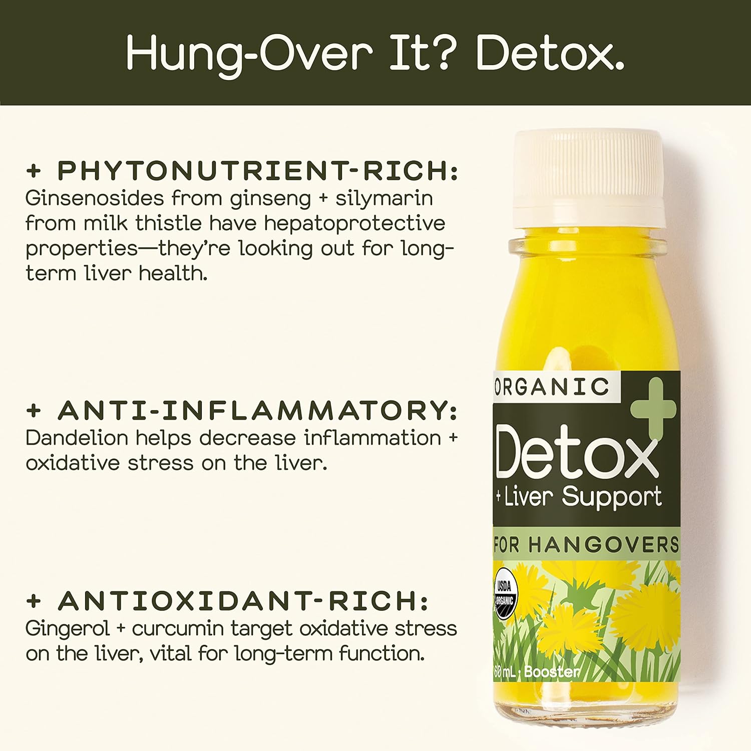 Greenhouse Juice Detox Wellness Shots Organic Immunity Shots Juice Liver Health Wellness + Anti-Inflammatory with Ginseng, Milk Thistle, and Dandelion Vegan & Gluten-Free (2 Oz, Pack of 12)