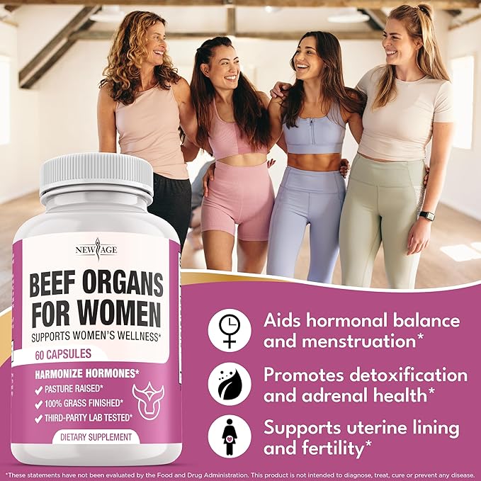 NEW AGE Beef Organ Supplement for Women - Beef Liver, Kidney, Heart and Uterus Tissue, Supports Women's Overall Energy and Health - Pasture Raised, Grass Fed - No Fillers - 60 Capsules