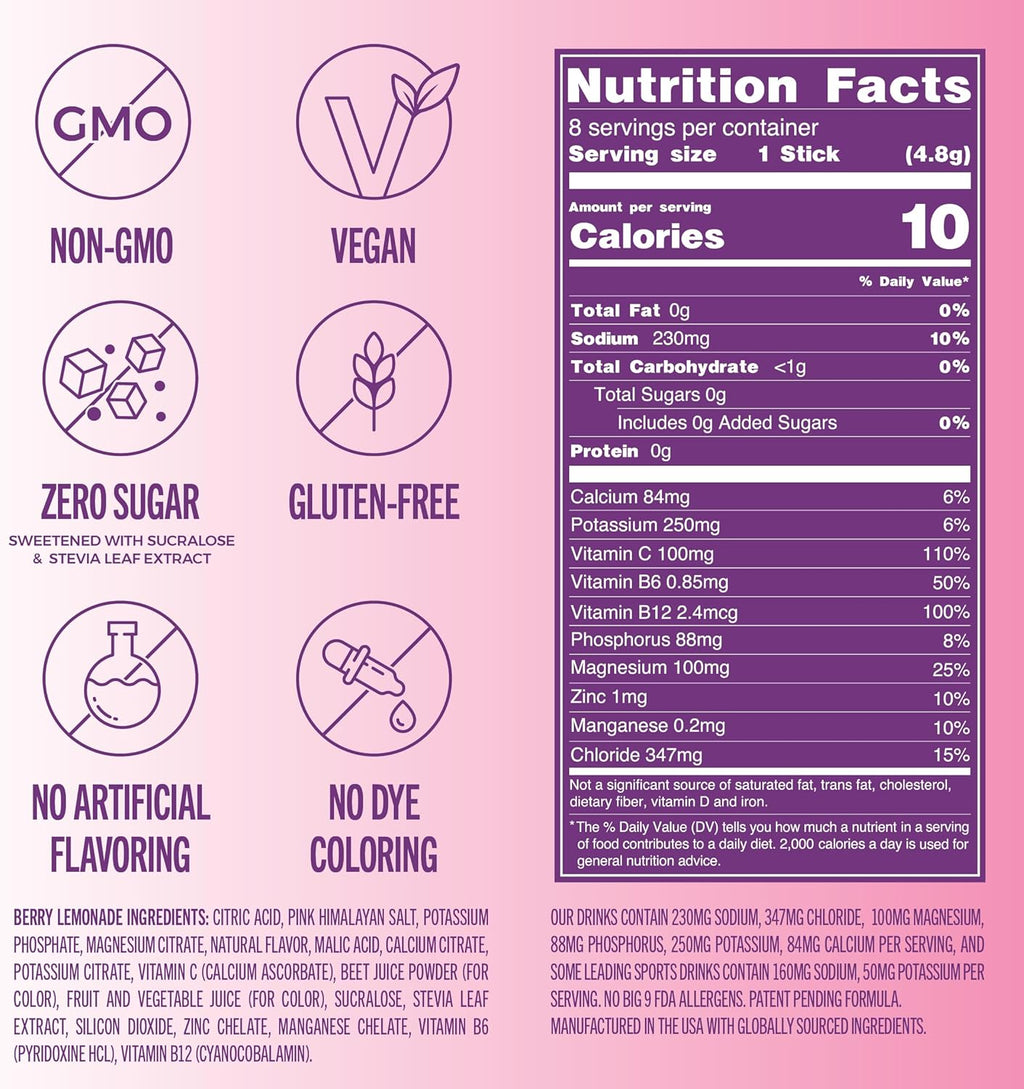 TREVI™ Sugar Free Electrolytes - Drink Mix Hydration Powder Packets - 8 Count - Berry Lemonade