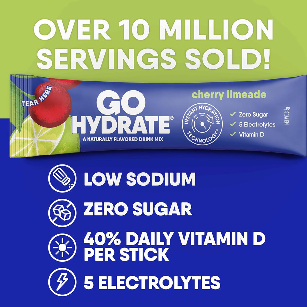 GoHydrate Low Sodium Electrolytes Powder Packets Sugar Free - Instant Hydration Daily Drink Mix - Zero Sugar Water Flavor Packet Singles with Vitamin D - (Cherry Limeade, 30 Packs)