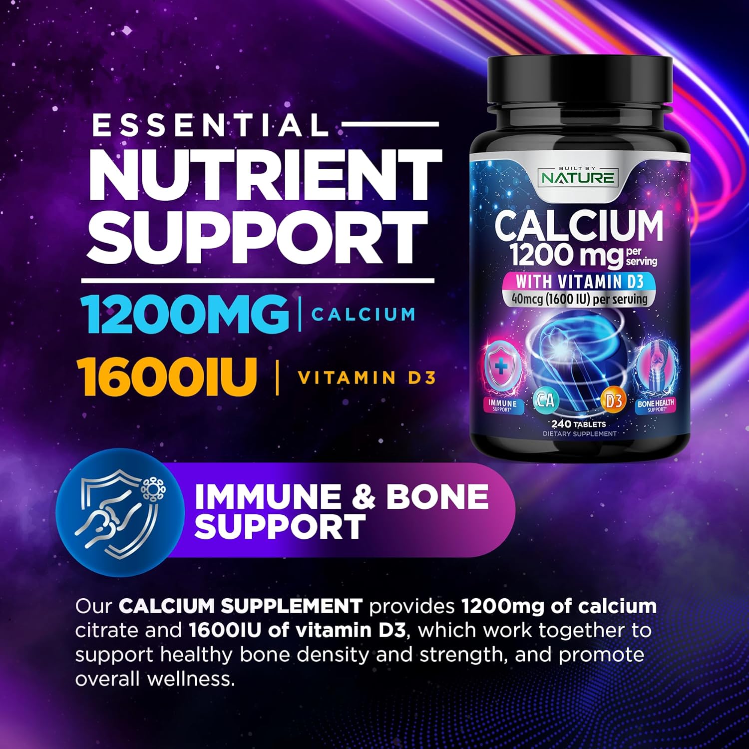 Calcium 1200mg with Vitamin D3 for Best Absorption - Advanced Bone Support Supplement, 1200 mg Calcium Carbonate & 1600 IU Vitamin D3, Slow Release for Immune Support, Easy to Swallow, 240 Tablets