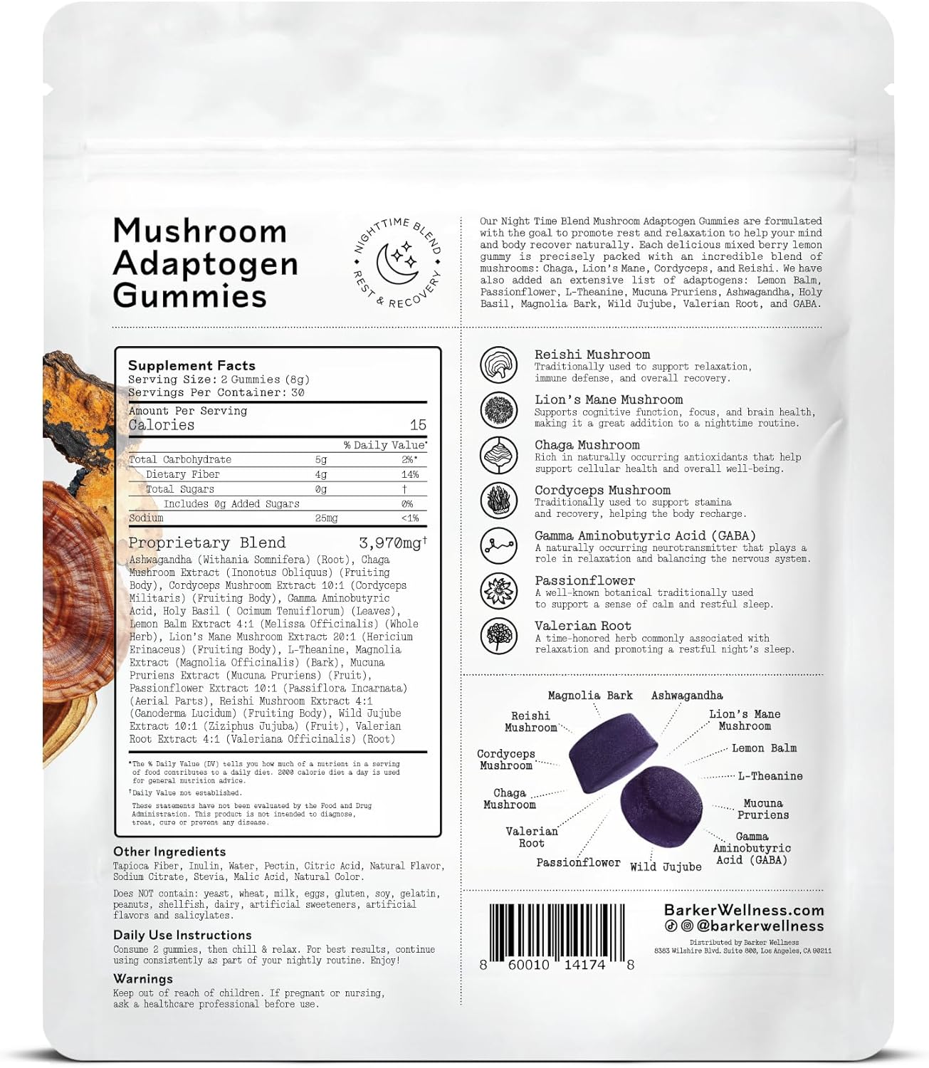 Nighttime Mushroom Adaptogen Gummies – Sugar-Free Vegan Mushroom Gummies For Adults with Reishi, Lion’s Mane, Chaga, Cordyceps, and Adaptogenic Botanicals for Sleep Support – Non-GMO, 60 Count