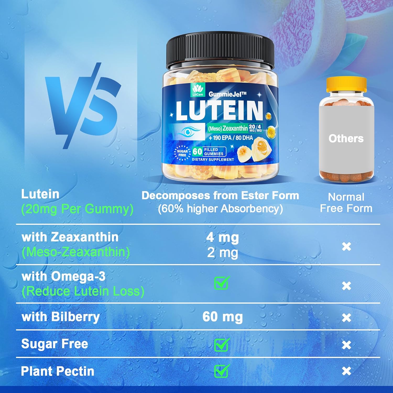 Sugar Free Lutein 20mg 40mg and Zeaxanthin Gummies for Eyes with Omega 3 (EPA 190mg & DHA 80mg), Lutein Supplements Eye Vitamins Filled Gummies Plus Bilberry, Goji Berry & Saffron, Vegan - 60 Count